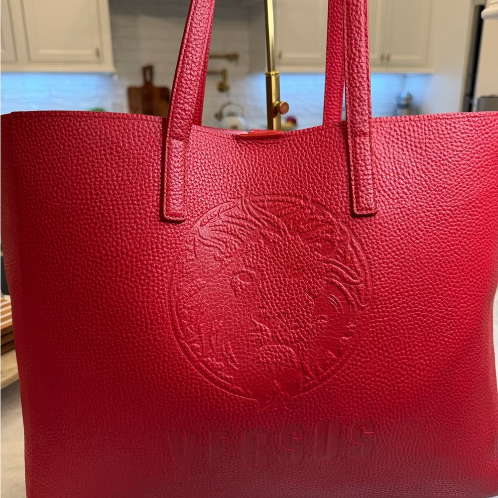 Red Embossed Leather Tote Bag